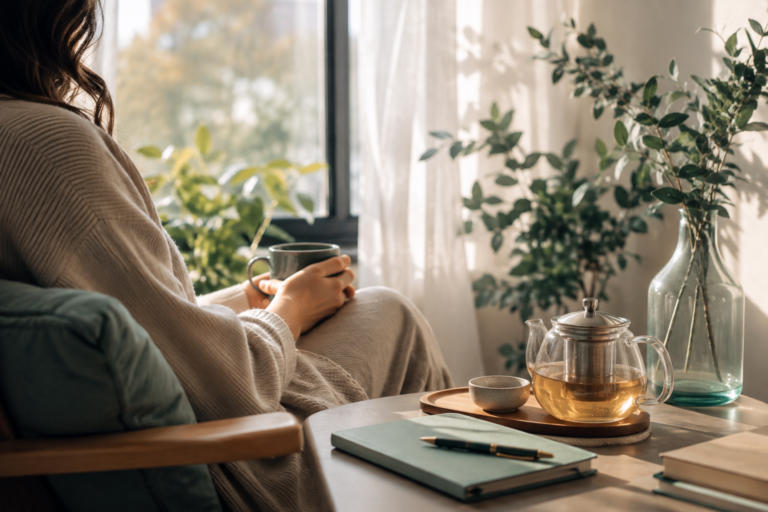 Mulher relaxando com chá, ambiente calmo associado ao tema ansiedade