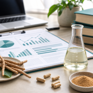 Cápsulas, pó e raízes de ashwagandha ao lado de gráficos de pesquisa científica