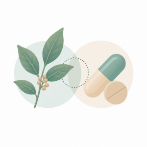 Ilustração de folha de ashwagandha e cápsulas de medicamento representando interação medicamentosa