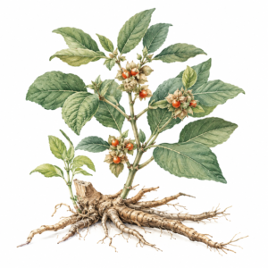 Ilustração botânica da planta Withania somnifera, com raízes, folhas e frutos