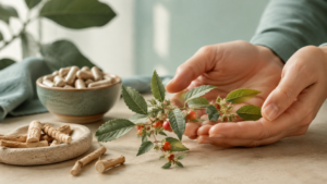 Mãos segurando raiz de ashwagandha ao lado de cápsulas do suplemento e planta natural