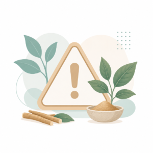 Ícone de alerta ao lado de raízes e pó de ashwagandha, representando risco de hepatotoxicidade