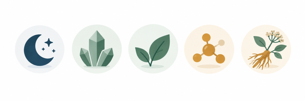 Ilustração resumindo os cinco suplementos para dormir: melatonina, magnésio, L-teanina, glicina e valeriana