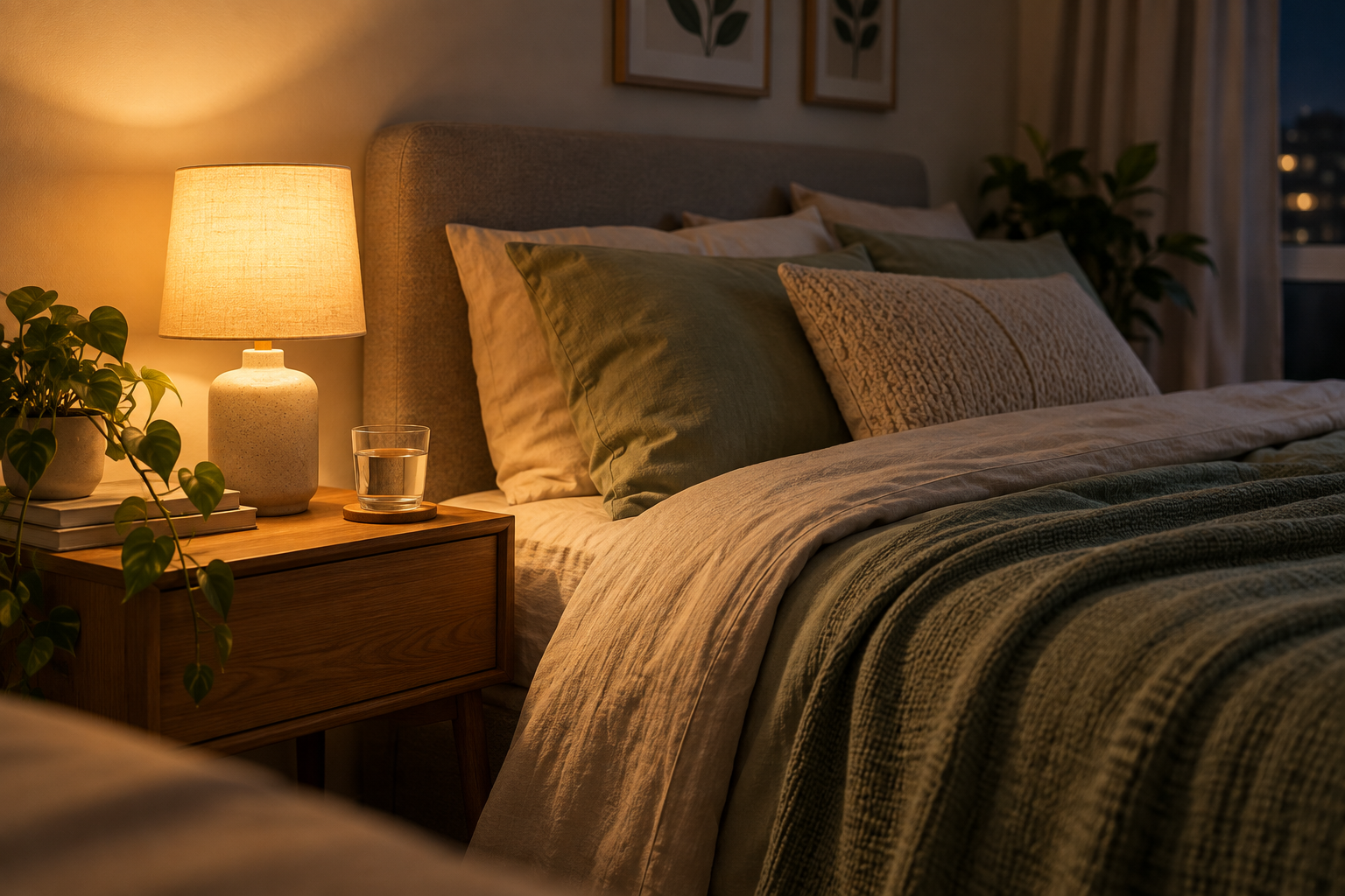 Quarto escuro e aconchegante à noite, representando um ambiente propício para o sono