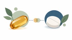 Cápsulas de vitamina D ao lado de outros medicamentos, representando possíveis interações medicamentosas